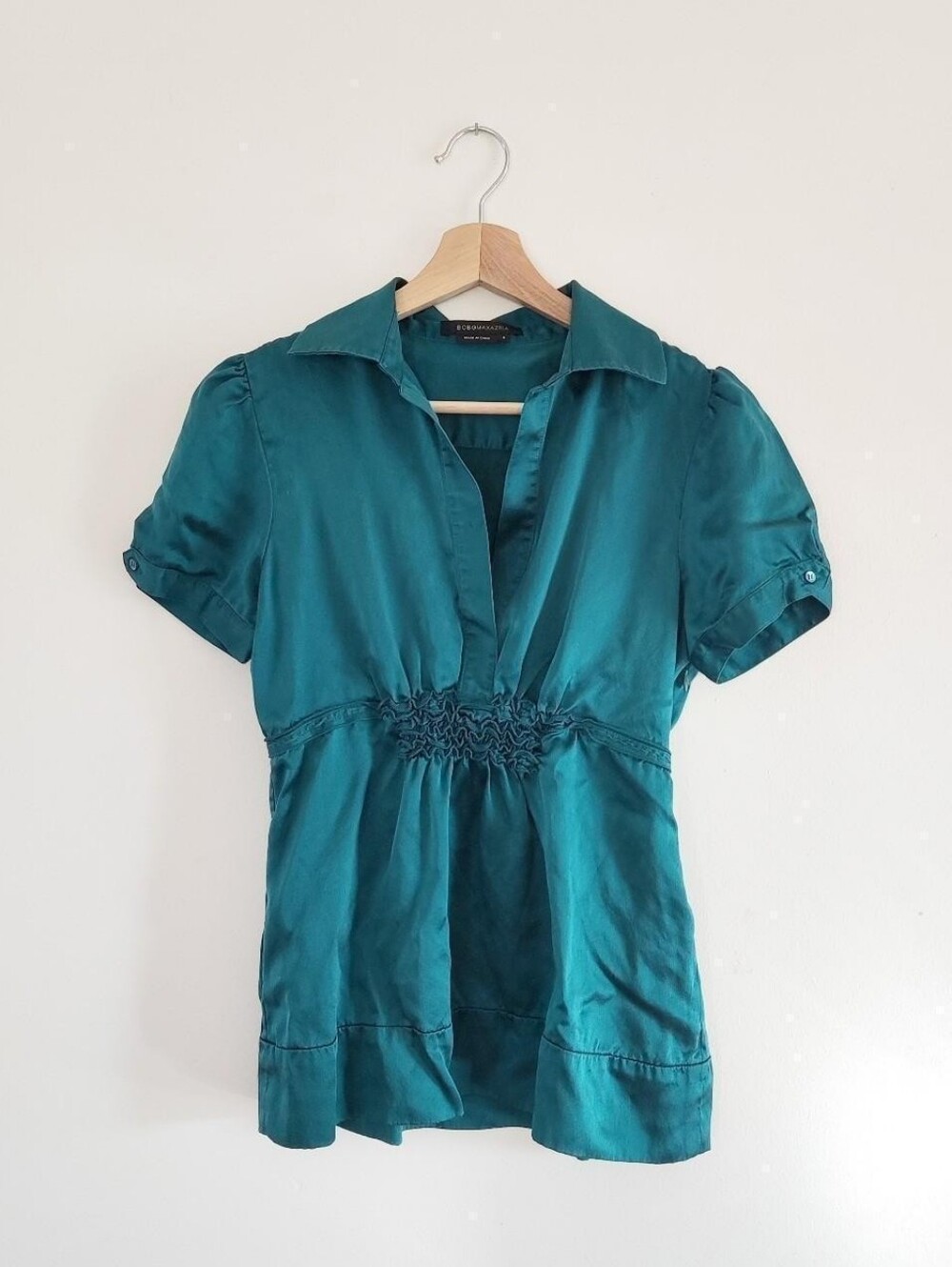 BCBGMaxazria Silk Forest Green Turquoise Babydoll Short Sleeved Y2K Blouse